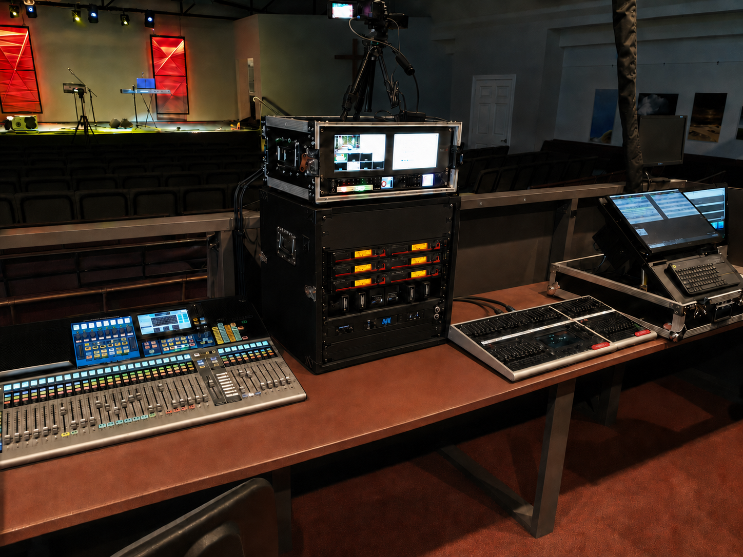 ABP Audiovisual front-of-house mixing and vision desk at a live event